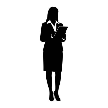 Profesyonel kıyafetli siyah bir kadın silueti elinde bir tablet tutuyor. O, yakalı bir bluz ve yüksek topuklu bir etek giyiyor. Resim beyaz bir arkaplanda izole edilmiştir.