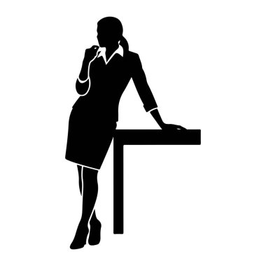 Profesyonel giyimli, etek ve yakalı bluz da dahil olmak üzere siyah bir iş kadını silueti masaya dayanıyor. Saçları at kuyruğu şeklinde geri çekiliyor ve eli masanın üzerinde duruyor. Şekil, düz beyaz bir arka gruba karşı tasvir edilir