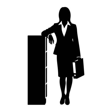 Bir iş kadınının siyah silueti uzun bir dolaba yaslanmış profesyonel bir takım elbisenin içinde duruyor. Sağ elinde bir evrak çantası tutuyor. Arkaplan beyaz.