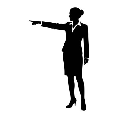 Takım elbise, etek ve bluz da dahil olmak üzere resmi giyinmiş bir iş kadınının siyah silueti resmedilmiştir. Sol işaret parmağıyla öne doğru duruyor ve bir yön gösteriyor. Saçları topuz şeklinde. Görüntü temiz, gr