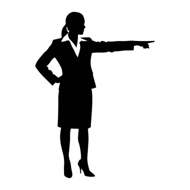 Bir iş kadınının siyah silueti bir eli kalçasında diğeriyse öne doğru uzanıyor. Etek, bluz ve yüksek topuklu bir takım elbise giyiyor. Resim beyaz bir arkaplanda izole edilmiştir.