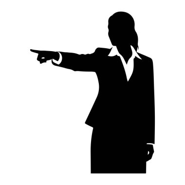 Takım elbiseli ve yakalı gömlekli bir kadın silueti belden yukarısına, işaret parmağını sola doğru gösteriyor. Arka plan bembeyaz..