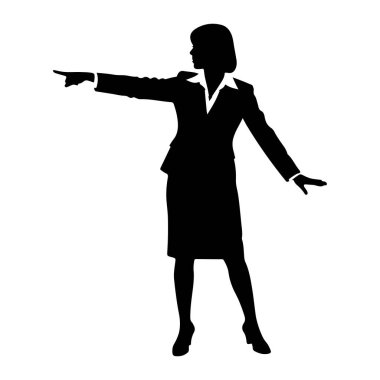 Bir iş kadınının siyah silueti sol kolu açık ve işaret parmağı öne doğru uzanmış olarak sola dönük duruyor. Takım elbise, etek ve yakalı bluz giyiyor. Sağ kolu dirsekten bükülmüş ve eli hafifçe açık. Şey...