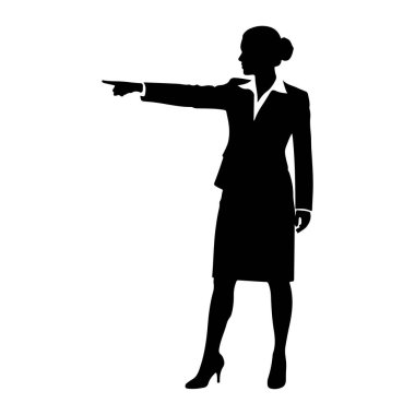 Beyaz bir arkaplanda, ceket, etek ve yakalı bluz da dahil olmak üzere iş elbisesi içindeki bir kadının siyah silueti tasvir edilir. Sol kolu açık duruyor ve işaret parmağıyla öne doğru işaret ediyor. Yüksek topuklu ayakkabı giyiyor.