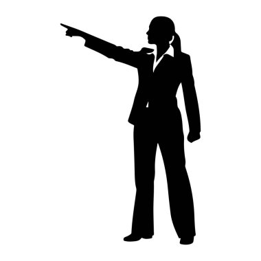 Beyaz arka planda takım elbiseli bir kadının siyah silueti tasvir edilir. Sağ işaret parmağını öne ve hafifçe yukarı kaldırarak bir yönü veya bir noktayı işaret ediyor. Sol kolu dirseğinden bükülmüş.