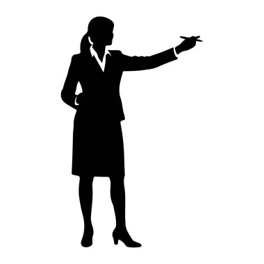 Bir iş kadınının siyah silueti sağa dönük duruyor, uzanmış sağ elinde bir kalem tutuyor sanki işaret ediyor ya da yazıyor gibi. Etek, bluz ve yüksek topuklu bir takım elbise giyiyor. Arkaplan düz beyaz.