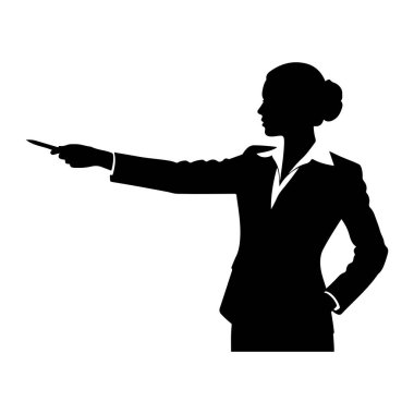 Takım elbiseli bir iş kadınının siyah silueti yandan gösteriliyor. O, yakalı bir gömlek ve bir ceket giyiyor. Sol kolu öne doğru uzanıyor ve elinde bir kalem tutuyor. Sağ eli cebinde duruyor. Arka plan sol