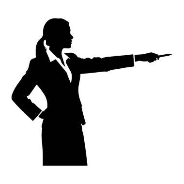 Yan taraftan takım elbiseli ve beyaz gömlekli bir iş kadınının siyah silueti gösteriliyor. Sol eli kalçasında, ve sağ kolu ileri doğru uzanıyor, bir kalemle işaret ediyor. Arkaplan beyaz.