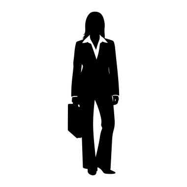 Elinde evrak çantası olan siyah bir kadın silueti. Resmi bir takım elbise, yakalı bir gömlek ve parlak bir pantolon giyiyor. Resim beyaz bir arkaplanda izole edilmiştir.