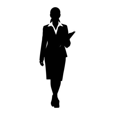 Beyaz arka planda, takım elbise, etek ve yakalı bluz da dahil olmak üzere profesyonel kıyafetli bir kadının siyah silueti tasvir edilir. Sağ elinde bir belge ya da dosya tutuyor ve ileri doğru yürüyor gibi görünüyor. Siluet.