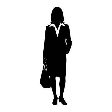 Profesyonel kıyafetli bir kadının siyah silueti beyaz bir arkaplanda duruyor. O, yakalı bir gömlek ve dizlerine uzanan bir eteğin üzerine bir takım elbise giyiyor. Sol elinde büyük bir el çantası tutuyor. Ayakları topuklu ayakkabı içinde.