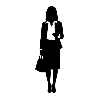 Profesyonel kıyafetli bir kadının siyah silueti beyaz bir arkaplanda duruyor. O bir takım elbise ceket, yakalı bir bluz ve bir etek giyiyor. Sol elinde bir çanta tutuyor ve sağ elinde bir şeye bakıyor gibi görünüyor..