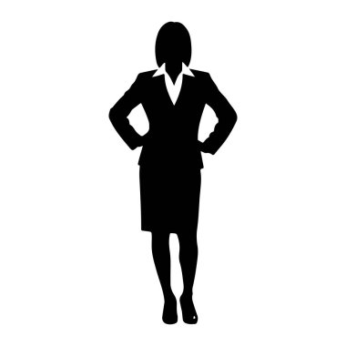Profesyonel iş kıyafeti giymiş siyah bir kadın silueti elleri kalçasında duruyor. O bir takım elbise ceket, yakalı bir bluz ve bir etek giyiyor. Siluet beyaz bir arkaplanda izole edilmiş..