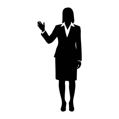 Siyah siluet bir kadın yüzü öne bakıyor, resmi bir takım elbise giyiyor, etek ve yakalı bir bluz giyiyor. Sağ kolu havada ve eli açık, el sallıyor ya da el sallıyor gibi. Siluet beyaz bir arkaplanda izole edilmiş..