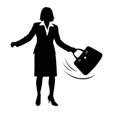Takım elbiseli ve topuklu bir iş kadınının siyah silueti evrak çantası sallarken resmedilir. Çanta, hareketini gösteren kıvrımlı çizgilerle hareket halinde gösteriliyor. Şekil düz beyaz bir arkaplanda duruyor..