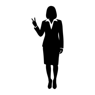 Takım elbiseli bir kadının siyah silueti beyaz bir arkaplanda duruyor. O bir ceket, etek ve yakalı bluz giyiyor. Sağ elini kaldırdı ve işaret ve orta parmaklarını uzatarak barış ya da zafer işareti oluşturdu. Siluet