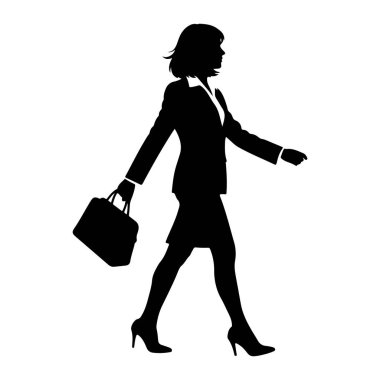 Profilde siyah bir kadın silueti yürürken resmedildi. O, etekli, ceketli ve yüksek topuklu profesyonel bir takım elbise giyiyor. Sol elinde bir evrak çantası taşıyor. Arkaplan düz beyaz.