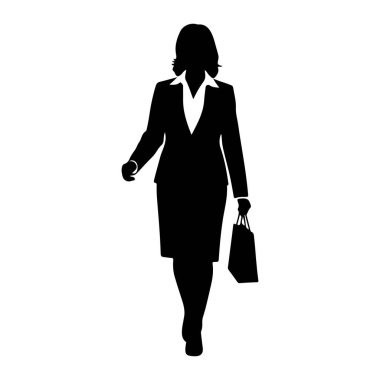 Takım elbiseli siyah bir kadın silueti sağ elinde bir alışveriş çantası tutarak öne doğru yürüyor. O bir ceket, etek ve yakalı bluz giyer. Resim beyaz bir arkaplanda izole edilmiştir.