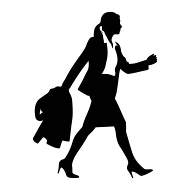 Bir iş kadınının siyah silueti profilde tasvir edilir, kendinden emin adımlarla ilerler. O, bir ceket, etek ve bluzdan oluşan resmi bir takım elbise giyiyor, saçını geriye tarıyor. O, ceketini sol kolunda taşır. Merhaba.