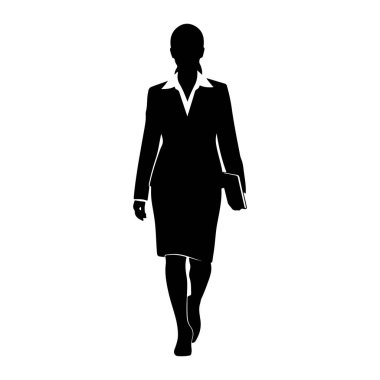 İş elbisesi giymiş siyah bir kadın silueti öne doğru yürüyor. O bir ceket, etek ve yakalı bluz giyer. Sağ elinde bir klasör ya da belgeler tutuyor. Arkaplan beyaz.