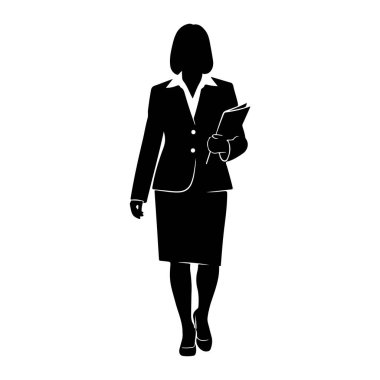 İş elbisesi giymiş siyah bir kadın silueti öne doğru yürüyor. O, iki düğmeli bir ceket, yakalı bir bluz, diz boyu bir etek ve yüksek topuklu ayakkabı giyer. Sağ elinde bir klasör ya da belgeler tutuyor. Arkaplan beyaz.