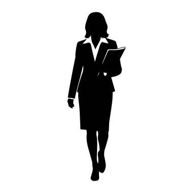 Profesyonel kıyafetli siyah bir kadın silueti öne doğru yürür. O bir takım elbise ceket, yakalı bir bluz ve bir etek giyiyor. Sağ kolunda bir klasör var. Arka plan bembeyaz..