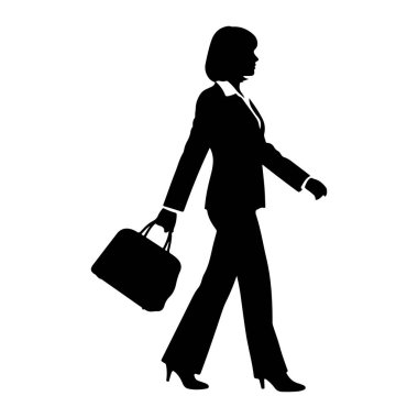 Takım elbiseli siyah siluet bir kadın sağ tarafa doğru yürüyor, sol elinde bir evrak çantası taşıyor. O yüksek topuklu ayakkabı giyiyor ve onun saçı şekilli. Arkaplan beyaz.