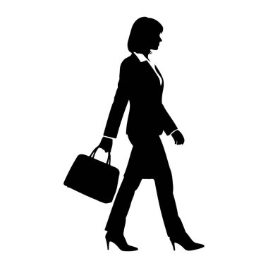 Takım elbiseli bir kadının siyah silueti soldan sağa yürüyor. O bir ceket, pantolon ve yüksek topuklu ayakkabı giyiyor. O, sol elinde bir evrak çantası taşıyor. Arkaplan beyaz.