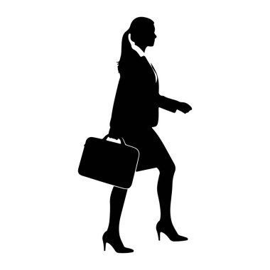 Profilde ilerleyen siyah bir kadın silueti. O yakalı bir gömlek ve topuklu bir takım elbise giyiyor ve sağ elinde bir evrak çantası taşıyor. Saçları at kuyruğu şeklinde geri çekiliyor. Arkaplan beyaz.