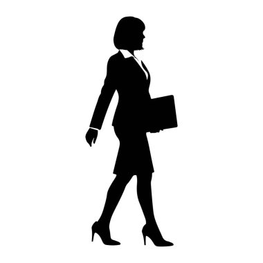 Soldan sağa yürüyen bir iş kadınının siyah silueti. O ceket, etek, bluz ve yüksek topuklu bir takım elbise giyiyor. Sağ elinde bir klasör ya da evrak çantası tutuyor. Arkaplan beyaz.