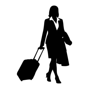 Takım elbiseli ve topuklu ayakkabılı bir iş kadını silueti yuvarlanan bir bavulu çekerken yürüyor. Şekil, bir eliyle bavul sapının üzerinde yan tarafından resmedilmiş. Arkaplan düz beyaz.