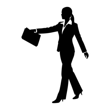 İleriye doğru yürüyen bir iş kadınının siyah silüeti. O yakalı bir gömlek ve topuklu bir takım elbise giyiyor ve sol elinde bir klasör tutuyor. Arkaplan beyaz.