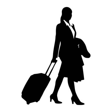 İş kıyafetleri içinde siyah bir kadın silueti yuvarlanan bir bavulu çekerken yürüyor. Takım elbise, bluz, etek ve topuklu ayakkabı giyiyor. O da sol kolunda bir ceket taşıyor. Siluet beyaz bir arkaplanda izole edilmiş..