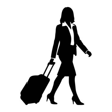 Yuvarlanan bir bavulu çekerken yürüyen bir iş kadınının siyah silueti. O, yakalı bir gömlek ve yüksek topuklu bir takım elbise giyiyor. Resim beyaz bir arkaplanda izole edilmiştir.