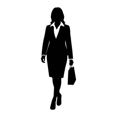 Profesyonel kıyafetli, takım elbiseli, etekli ve yakalı bluzlu bir kadının siyah silueti öne doğru yürür. O, sağ elinde bir alışveriş çantası tutuyor. Resim beyaz bir arkaplanda izole edilmiştir.