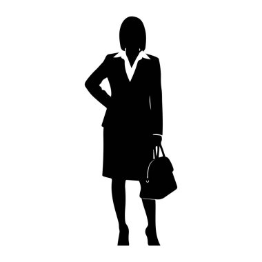 Profesyonel kıyafetli, takım elbiseli, etekli ve yakalı bluzlu bir kadın silueti bir eli kalçasında duruyor. O, diğer elinde bir el çantası tutuyor. Siluet beyaz bir arkaplanda izole edilmiş..