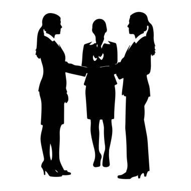 Üç siluetli iş kadını resmi giysiler içinde yan yana durur. Yanlarda iki kadın içe doğru bakıyor, elleri merkeze doğru uzanıyor ve üçüncü bir kadın öne bakıyor. Kıyafetleri profesyonel bir ortam olduğunu gösteriyor.