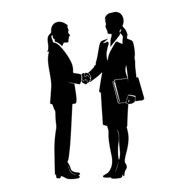 İş kıyafeti giymiş iki siluetli kadın el sıkışıyor. Bir kadın klasör tutuyor. Beyaz bir arkaplanda duruyorlar..