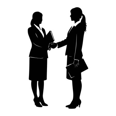 Takım elbiseli iki siluetli kadın el sıkışıyor. Bir kadın sol kolunda bir klasör, diğeri de sağ kolunda bir klasör tutuyor. Beyaz bir arkaplanda duruyorlar..