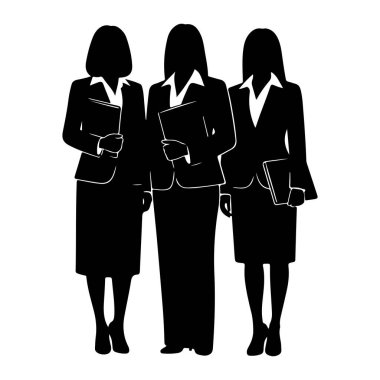 Siyah ve beyaz bir siluet, her biri takım elbise ve etek de dahil olmak üzere profesyonel iş kıyafetleri giyen üç kadının yan yana durduğunu gösteriyor. Ellerinde klasörler ya da belgeler var. Rakamlar siyah ve beyaz.