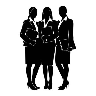 Üç siluetli kadın bir arada duruyor, her biri bir belge ya da klasör tutuyor. Etekleri ve topuklu ayakkabıları da dahil olmak üzere resmi iş kıyafeti giyiyorlar. Görüntü katıksız siyah-beyaz, grafik ve modern bir estetik yaratıyor.