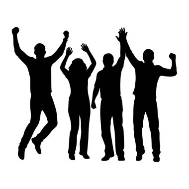 Beyaz bir arkaplan karşısında kollarını kaldırmış dört kişilik siyah bir siluet. Rakamlar sevinç ve heyecan ifadeleriyle zıplıyor ya da dans ediyor gibi görünüyor.