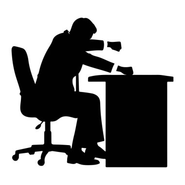 Takım elbiseli ve kravatlı bir iş adamının siyah silueti masanın üzerine yığılmış, başını kollarının üzerine yaslıyor. O, tekerlekli bir ofis sandalyesinde oturuyor. Arkaplan beyaz.