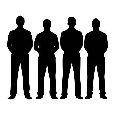 Dört siyah siluet beyaz arka planda yan yana duruyor. Elleri arkada bağlı olarak, yüzleri öne dönük. Her figür pantolon ve uzun kollu gömlek giyerek resmedilmiş, resmi ve düzgün bir aparat oluşturmuş.