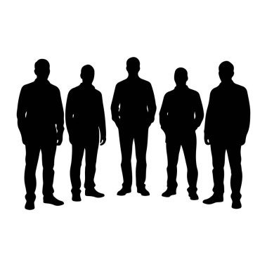 Beyaz arka planda beş erkek figürden oluşan bir grup siyah siluet olarak tasvir edilir. Sıraya girmişler, yüzleri öne dönük. Her figür gömlek ve pantolon gibi görünen kıyafetler giyiyor. Duruşları biraz farklılık gösterir, bazıları ise...