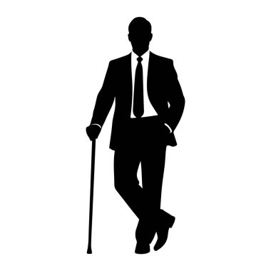 Resmi takım elbiseli ve kravatlı bir adamın siyah silueti sol elinde baston tutan bir bacağıyla diğerinin üzerinde duruyor. Sağ eli cebine tıkıştırılmış. Şekil beyaz bir arkaplanda izole edilmiştir..