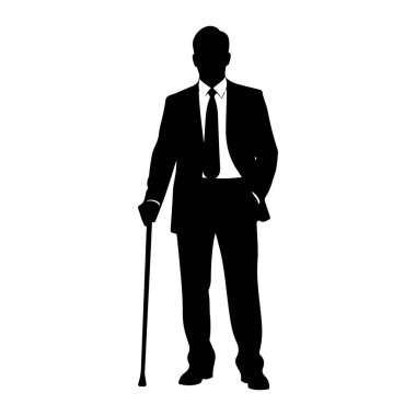 Siyah bir siluet, yüzü öne dönük, resmi bir takım elbise giymiş ve kravat takmış bir adam. Sol elinde bir baston tutuyor ve sağ eli cebinde. Arka plan bembeyaz..