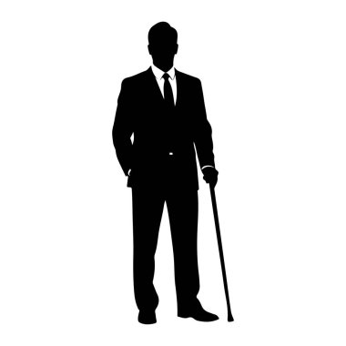 Resmi bir takım elbise, kravat ve ayakkabı giymiş siyah bir adam silueti öne bakıyor. Sağ elinde bir baston tutuyor, sol eli cebinde. Arkaplan düz beyaz.