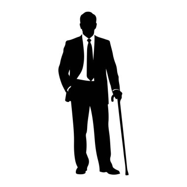 Takım elbiseli ve kravatlı bir adamın siyah silueti bir eli cebinde diğeri de baston tutuyor. Şekil beyaz bir arkaplanda izole edilmiştir. Takım elbise, ceket, pantolon ve kravatla klasik gibi görünüyor. Adamın kellesi.