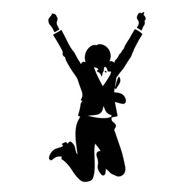 Takım elbiseli bir kadının siyah silueti havada yakalanır ve kolları muzaffer bir şekilde yükselir. Bir başarıyı ya da başarıyı kutluyor gibi görünüyor. Siluet, dinamiği vurgulayan düz beyaz bir arkaplan üzerinde titrer.